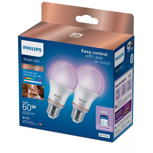 Set 2 becuri LED Smart PHILIPS 8720169171060, E27, 8W, 806lm, lumina rece Set 2 becuri LED Smart PHILIPS 8720169171060, E27, 8W, 806lm, lumina rece