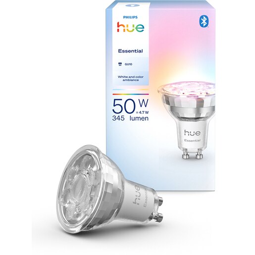 Bec LED PHILIPS HUE Essential, GU10, 5W, 345lm, Wi-Fi, lumina variabila, compatibil Alexa, Google Assistant Bec LED PHILIPS HUE Essential, GU10, 5W, 345lm, Wi-Fi, lumina variabila, compatibil Alexa, Google Assistant