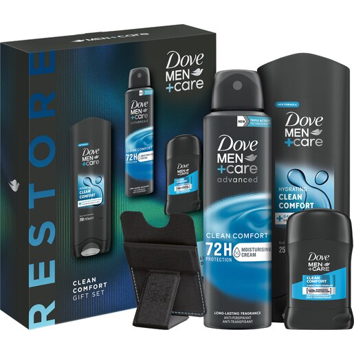 Set ingrijire corp DOVE Men+Care Clean Comfort: Gel de dus, 250ml + Deodorant spray, 150ml + Deodorant stick, 50ml + Husa telefon Set ingrijire corp DOVE Men+Care Clean Comfort: Gel de dus, 250ml + Deodorant spray, 150ml + Deodorant stick, 50ml + Husa telefon