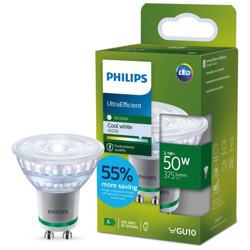 Spot LED PHILIPS, 2.1W, 375lm, IP20, lumina neutra, transparent Spot LED PHILIPS, 2.1W, 375lm, IP20, lumina neutra, transparent