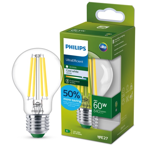 Bec LED filament PHILIPS, A60, E27, 4W, 4000K, 840lm, lumina neutra Bec LED filament PHILIPS, A60, E27, 4W, 4000K, 840lm, lumina neutra