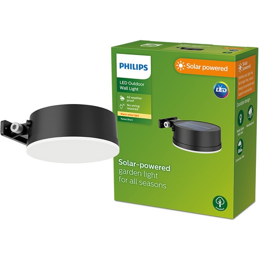 Lampa solara rotunda Philips Vynce, 1.5W, 200lm, IP44, plastic, negru Lampa solara rotunda Philips Vynce, 1.5W, 200lm, IP44, plastic, negru