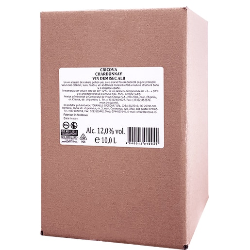 Vin alb demisec Cramele Cricova Chardonnay, 10L, Bag in Box Vin alb demisec Cramele Cricova Chardonnay, 10L, Bag in Box