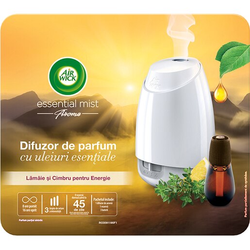 Difuzor de parfum AIR WICK Essential Mist alb cu Lamaie si Cimbru, 20 ml Difuzor de parfum AIR WICK Essential Mist alb cu Lamaie si Cimbru, 20 ml