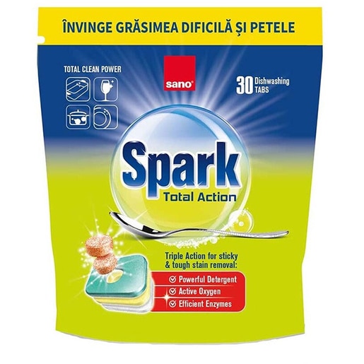 Detergent pentru masina de spalat vase SANO Spark Total Action, 30 tablete Detergent pentru masina de spalat vase SANO Spark Total Action, 30 tablete