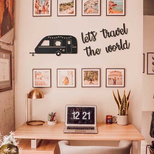 Decoratiune perete Let's Travel The World, 20 x 8 cm, metal, negru Decoratiune perete Let's Travel The World, 20 x 8 cm, metal, negru