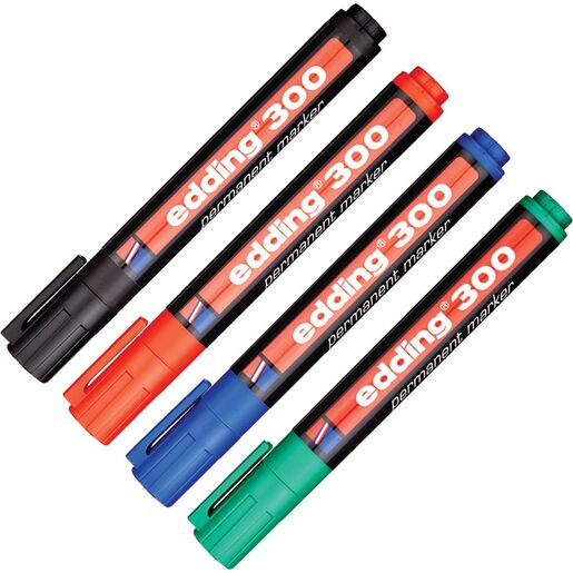 Marker permanent EDDING 300, 1.5 -3 mm, 4 culori (negru, rosu, albastru, verde) Marker permanent EDDING 300, 1.5 -3 mm, 4 culori (negru, rosu, albastru, verde)