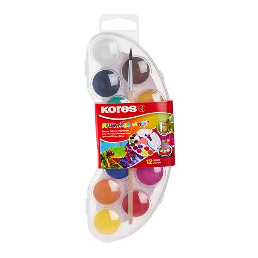 Acuarele cu pensula inclusa KORES Akuarellos, Diametru 25 mm, 12 culori Acuarele cu pensula inclusa KORES Akuarellos, Diametru 25 mm, 12 culori