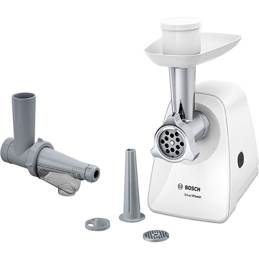 Masina de tocat carne BOSCH SmartPower MFW2515W, 1.7kg/min, 1500W, accesoriu carnati/suc de rosii, alb-gri Masina de tocat carne BOSCH SmartPower MFW2515W, 1.7kg/min, 1500W, accesoriu carnati/suc de rosii, alb-gri