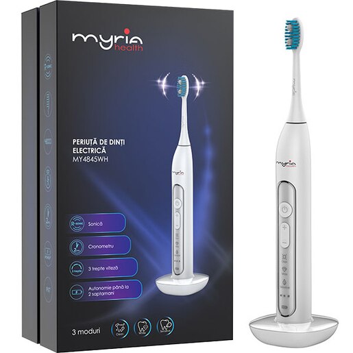 Periuta de dinti electrica MYRIA MY4845WH, 40000 miscari/minut, 3 programe, 2 capete, alb Periuta de dinti electrica MYRIA MY4845WH, 40000 miscari/minut, 3 programe, 2 capete, alb