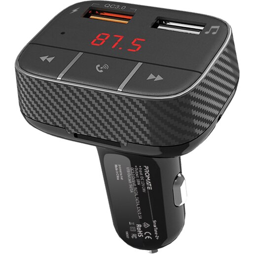 Modulator FM PROMATE SmarTune-2+, Bluetooth, USB 3.0, Jack 3.5, negru Modulator FM PROMATE SmarTune-2+, Bluetooth, USB 3.0, Jack 3.5, negru