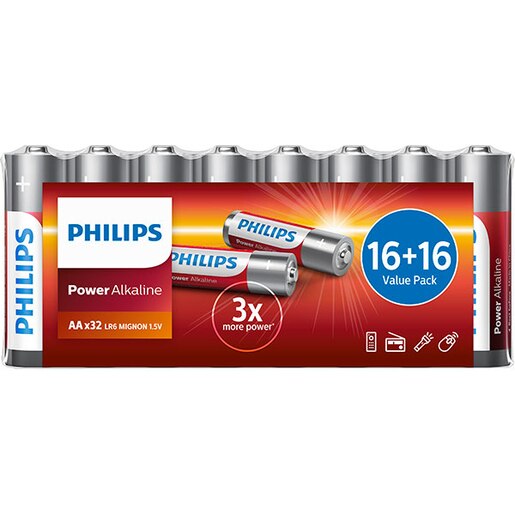 Baterii alcaline PHILIPS LR6, AA, 32 bucati Baterii alcaline PHILIPS LR6, AA, 32 bucati