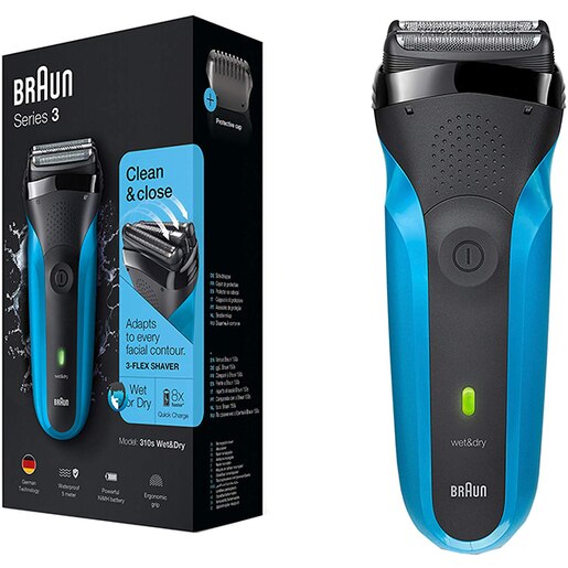 Aparat de ras BRAUN Series 3 310WD, acumulator, autonomie 50 min, Sistem de taiere cu actiune tripla, negru-albastru Aparat de ras BRAUN Series 3 310WD, acumulator, autonomie 50 min, Sistem de taiere cu actiune tripla, negru-albastru