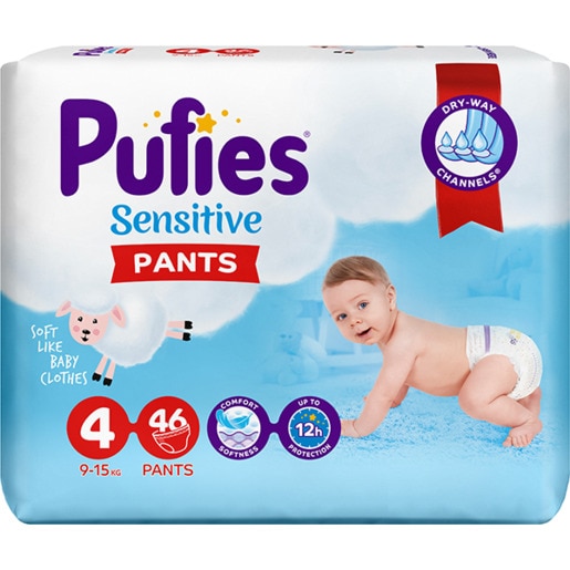 Scutece chilotel PUFIES Sensitive nr 4, Unisex, 9-15 kg, 46 buc Scutece chilotel PUFIES Sensitive nr 4, Unisex, 9-15 kg, 46 buc