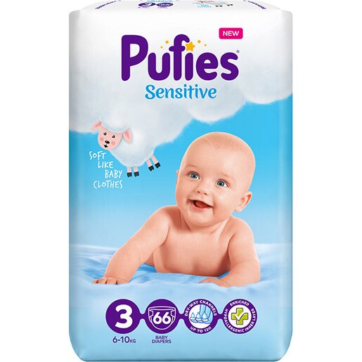 Scutece PUFIES Sensitive nr 3, Unisex, 6-10 kg, 66 buc Scutece PUFIES Sensitive nr 3, Unisex, 6-10 kg, 66 buc