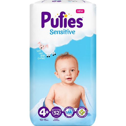 Scutece PUFIES Sensitive nr 4+, Unisex, 10-15 kg, 52 buc Scutece PUFIES Sensitive nr 4+, Unisex, 10-15 kg, 52 buc