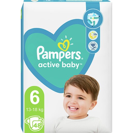 Scutece PAMPERS Active Baby Mega Pack+ nr 6, Unisex, 13-18 kg, 48 buc Scutece PAMPERS Active Baby Mega Pack+ nr 6, Unisex, 13-18 kg, 48 buc