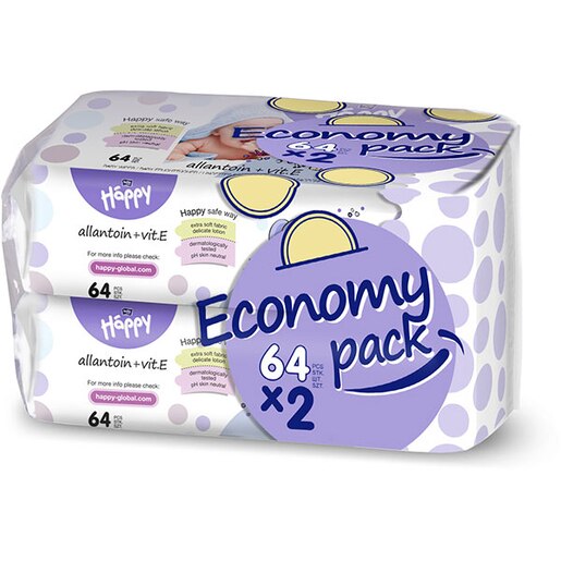 Servetele umede HAPPY Alantoina si Vitamina E, 2 pachete, 128 buc Servetele umede HAPPY Alantoina si Vitamina E, 2 pachete, 128 buc