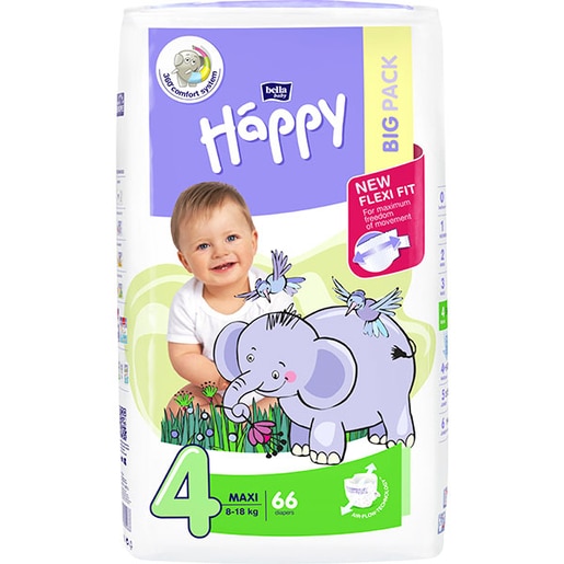Scutece HAPPY Maxi nr 4, Unisex, 8-18 kg, 66 buc Scutece HAPPY Maxi nr 4, Unisex, 8-18 kg, 66 buc