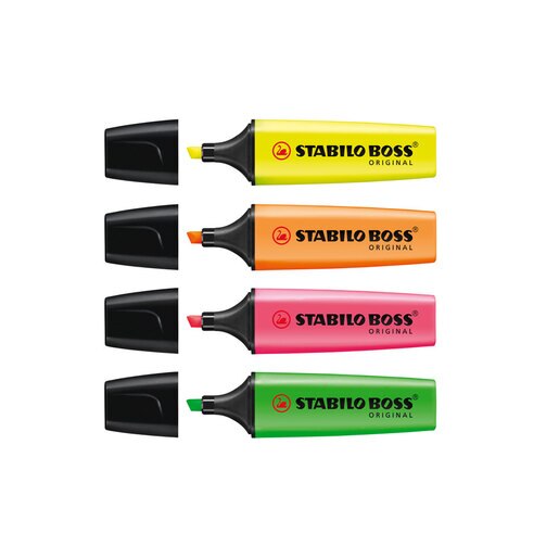Textmarker STABILO Boss, 2-5 mm, 4 culori (galben, portocaliu, verde, roz) Textmarker STABILO Boss, 2-5 mm, 4 culori (galben, portocaliu, verde, roz)