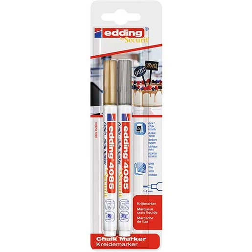Set marker pentru sticla EDDING 4085, creta lichida pe baza de apa, 1-2 mm, 2 buc, auriu-argintiu Set marker pentru sticla EDDING 4085, creta lichida pe baza de apa, 1-2 mm, 2 buc, auriu-argintiu