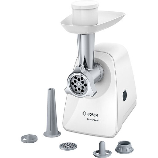 Masina de tocat carne BOSCH SmartPower MFW2520W, 1.7kg/min, 350W, accesoriu carnati/kebbe, alb-gri Masina de tocat carne BOSCH SmartPower MFW2520W, 1.7kg/min, 350W, accesoriu carnati/kebbe, alb-gri