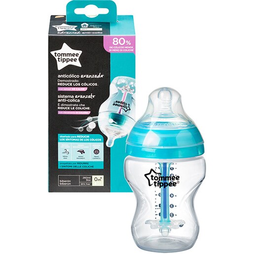 Biberon cu sistem de ventilatie TOMMEE TIPPEE Advanced, flux lent, 0 luni +, 260 ml, albastru - transparent Biberon cu sistem de ventilatie TOMMEE TIPPEE Advanced, flux lent, 0 luni +, 260 ml, albastru - transparent
