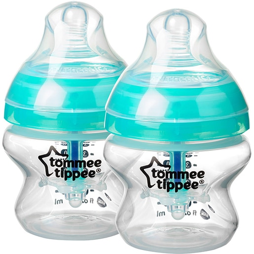 Set biberoane cu sistem de ventilatie TOMMEE TIPPEE Advanced: 2 x biberoane 150 ml, flux lent, 0 luni +, bleu - transparent Set biberoane cu sistem de ventilatie TOMMEE TIPPEE Advanced: 2 x biberoane 150 ml, flux lent, 0 luni +, bleu - transparent