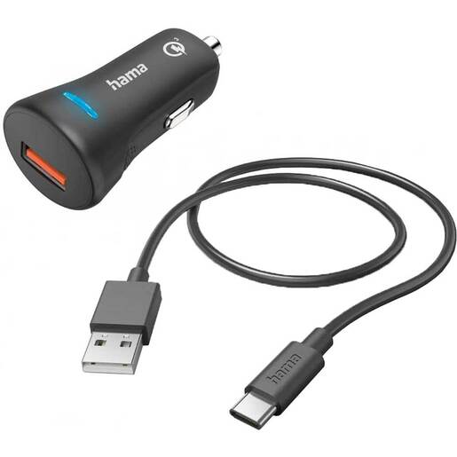 Incarcator auto HAMA 201615, 1x USB-A, Quick Charge 3.0 19.5W, cablu USB-C, negru Incarcator auto HAMA 201615, 1x USB-A, Quick Charge 3.0 19.5W, cablu USB-C, negru
