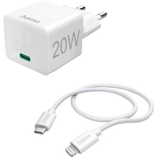Incarcator retea HAMA 201620, 20W, 1xUSB-C, Power Delivery (PD), cablu Lightning, alb Incarcator retea HAMA 201620, 20W, 1xUSB-C, Power Delivery (PD), cablu Lightning, alb
