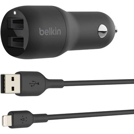 Incarcator auto BELKIN CCD001bt1MBK, 2xUSB-A 24W, Cablu Lightning, negru Incarcator auto BELKIN CCD001bt1MBK, 2xUSB-A 24W, Cablu Lightning, negru