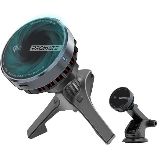 Suport auto cu incarcare wireless PROMATE MagChill-Qi2, parbriz/ventilatie, MagSafe 15W, negru Suport auto cu incarcare wireless PROMATE MagChill-Qi2, parbriz/ventilatie, MagSafe 15W, negru