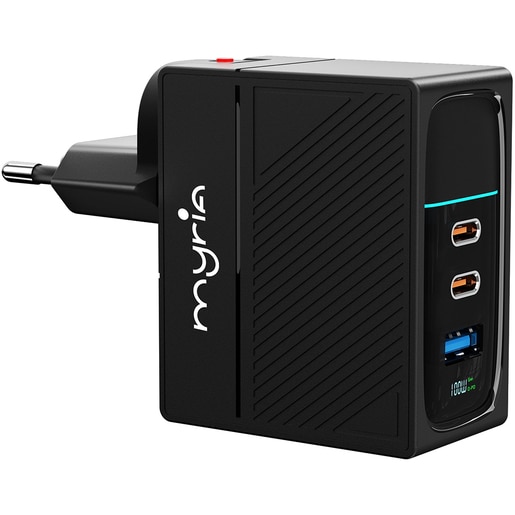 Incarcator retea MYRIA MY9098, 1x USB-A, 2x USB-C, Power Delivery (PD) 100W, negru Incarcator retea MYRIA MY9098, 1x USB-A, 2x USB-C, Power Delivery (PD) 100W, negru