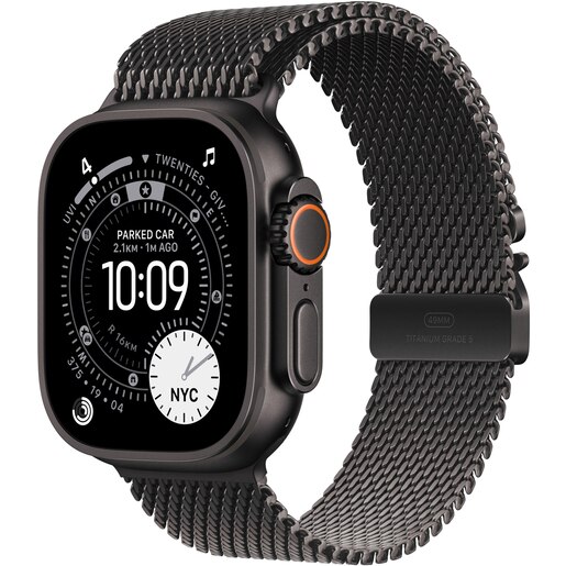Apple Watch Ultra 3, GPS + Cellular, 49mm, Black Titanium Case, Black Titanium Milanese Loop - Small Apple Watch Ultra 3, GPS + Cellular, 49mm, Black Titanium Case, Black Titanium Milanese Loop - Small