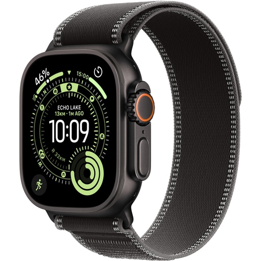 Apple Watch Ultra 3, GPS + Cellular, 49mm, Black Titanium Case, Black/Charcoal Trail Loop - M/L Apple Watch Ultra 3, GPS + Cellular, 49mm, Black Titanium Case, Black/Charcoal Trail Loop - M/L