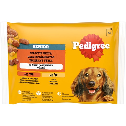 Hrana umeda pentru caini PEDIGREE, Senior, Mix in aspic, 4 x 100 g Hrana umeda pentru caini PEDIGREE, Senior, Mix in aspic, 4 x 100 g