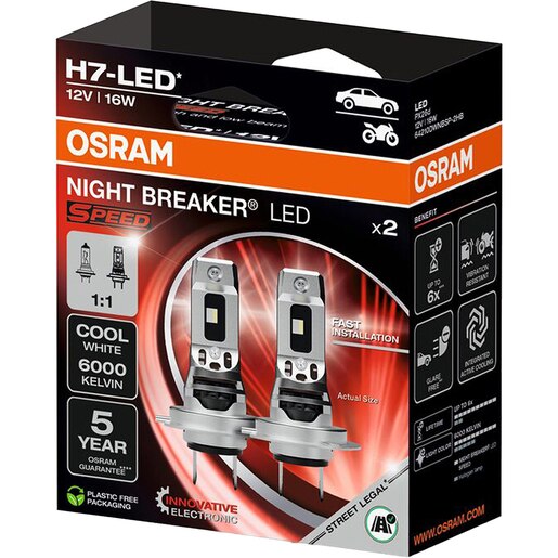 Set becuri auto OSRAM Night Breaker Speed LED, H7, 6000K, 16W, 2 buc, Omologat RAR Set becuri auto OSRAM Night Breaker Speed LED, H7, 6000K, 16W, 2 buc, Omologat RAR