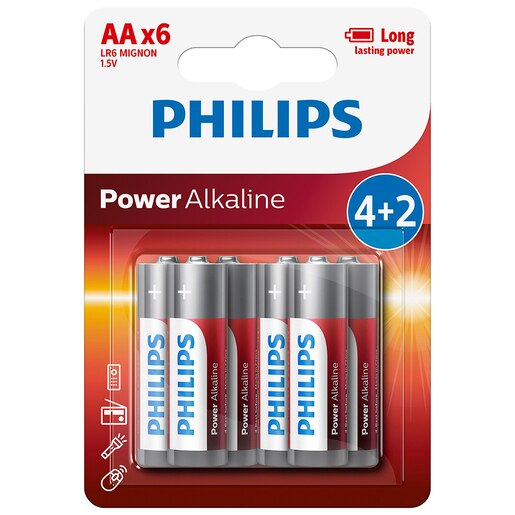 Baterii alcaline AA PHILIPS LR6P6BP/10, 6 bucati Baterii alcaline AA PHILIPS LR6P6BP/10, 6 bucati