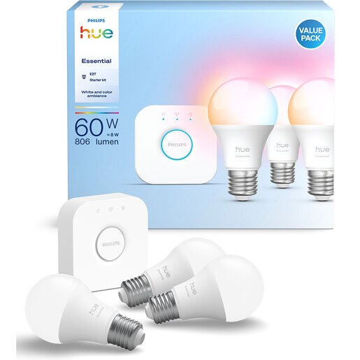 Kit 3 becuri LED Smart PHILIPS Hue Essential, E27, 8W, 806lm, Wi-Fi, lumina variabila + Consola Kit 3 becuri LED Smart PHILIPS Hue Essential, E27, 8W, 806lm, Wi-Fi, lumina variabila + Consola