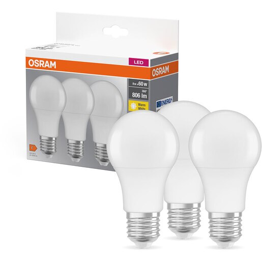Set 3 becuri LED OSRAM, E27, 8W, 806lm, lumina calda Set 3 becuri LED OSRAM, E27, 8W, 806lm, lumina calda