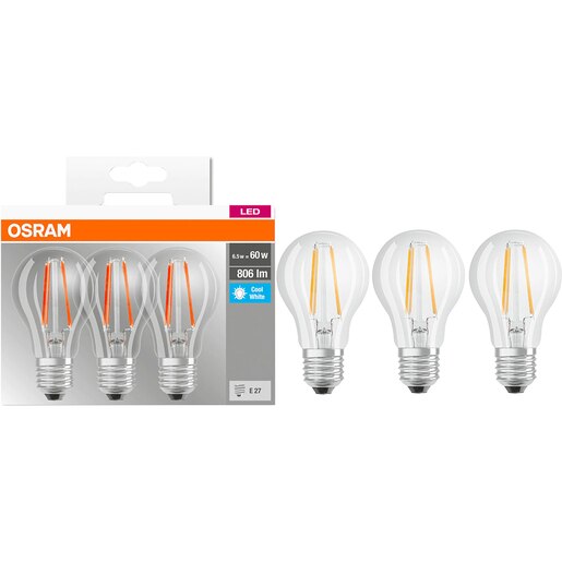 Set 3 becuri LED OSRAM Base Filament A60, E27, 6.5W, 806lm, lumina neutra Set 3 becuri LED OSRAM Base Filament A60, E27, 6.5W, 806lm, lumina neutra