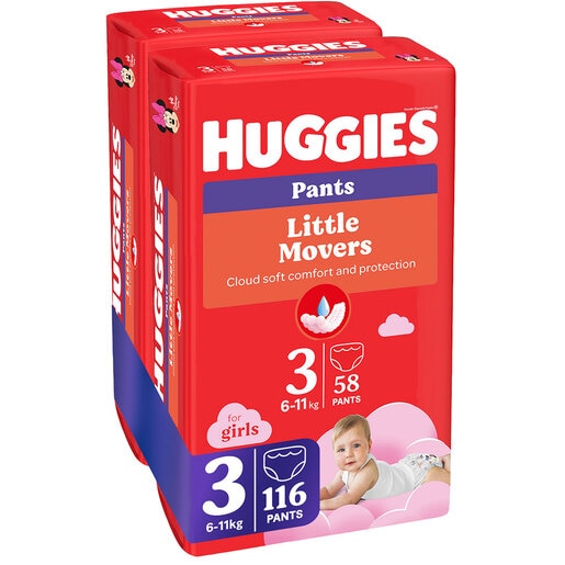 Scutece chilotel HUGGIES Little Movers Pants Mega nr 3, Fata, 6-11 kg, 116 buc Scutece chilotel HUGGIES Little Movers Pants Mega nr 3, Fata, 6-11 kg, 116 buc
