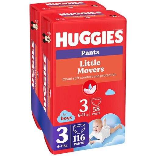 Scutece chilotel HUGGIES Little Movers Mega nr 3, Baiat, 6-11 kg, 116 buc Scutece chilotel HUGGIES Little Movers Mega nr 3, Baiat, 6-11 kg, 116 buc