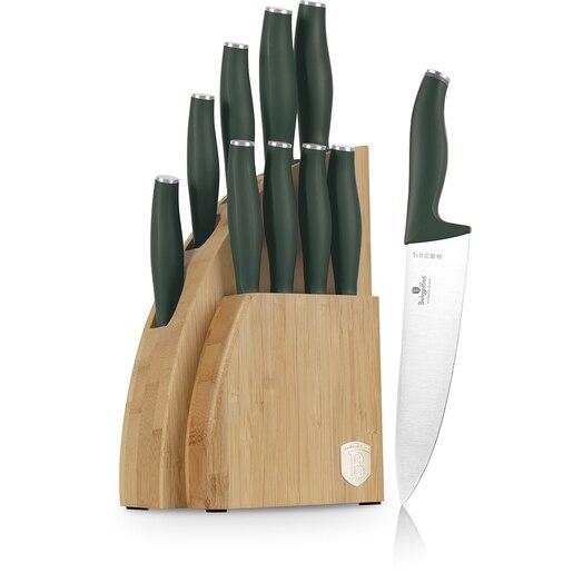Set cutite BERLINGER HAUS BH/3123 + suport bambus, 9 piese, otel, 9-20cm, verde Set cutite BERLINGER HAUS BH/3123 + suport bambus, 9 piese, otel, 9-20cm, verde