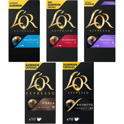 Pachet capsule cafea L'OR 10 buc Espresso Splendente + 10 buc Lungo Profondo + 10 buc Espresso Decaffeinato + 10 buc Espresso Forza + 10 buc Espresso Ristretto, 260g Pachet capsule cafea L'OR 10 buc Espresso Splendente + 10 buc Lungo Profondo + 10 buc Espresso Decaffeinato + 10 buc Espresso Forza + 10 buc Espresso Ristretto, 260g