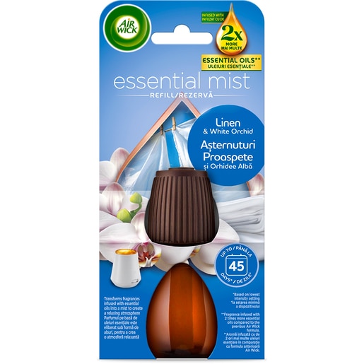 Rezerva pentru difuzor de parfum cu uleiuri esentiale AIR WICK Aroma Mist, Asternuturi proaspete si Orhidee Alba, 20 ml Rezerva pentru difuzor de parfum cu uleiuri esentiale AIR WICK Aroma Mist, Asternuturi proaspete si Orhidee Alba, 20 ml