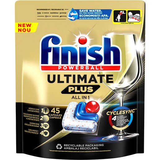 Detergent pentru masina de spalat vase FINISH Ultimate Plus, 45 capsule Detergent pentru masina de spalat vase FINISH Ultimate Plus, 45 capsule