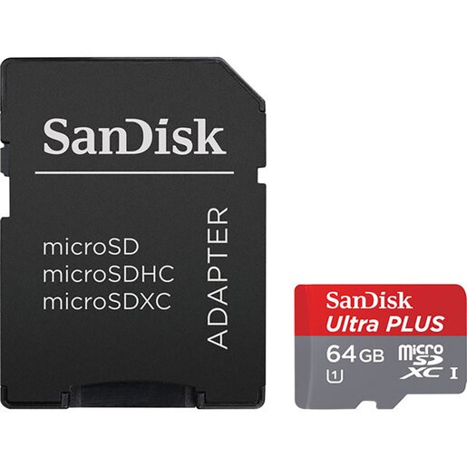 Card de memorie SANDISK Ultra Plus microSDXC, 64GB, 150MB/s, clasa 10/U1/A1, UHS-I, adaptor Card de memorie SANDISK Ultra Plus microSDXC, 64GB, 150MB/s, clasa 10/U1/A1, UHS-I, adaptor