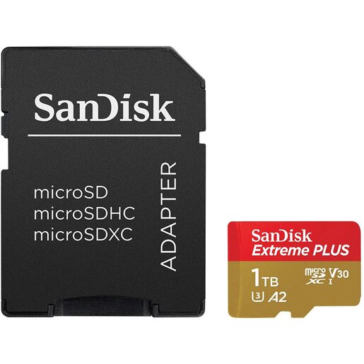 Card de memorie SANDISK Extreme Plus microSDXC UHS-I, 1TB, 200MB/s, C10, U3, V30, A2, adaptor Card de memorie SANDISK Extreme Plus microSDXC UHS-I, 1TB, 200MB/s, C10, U3, V30, A2, adaptor