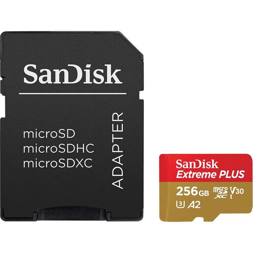 Card de memorie SANDISK Extreme Plus microSDXC UHS-I, 256GB, 200MB/s, C10, U3, V30, A2, adaptor Card de memorie SANDISK Extreme Plus microSDXC UHS-I, 256GB, 200MB/s, C10, U3, V30, A2, adaptor